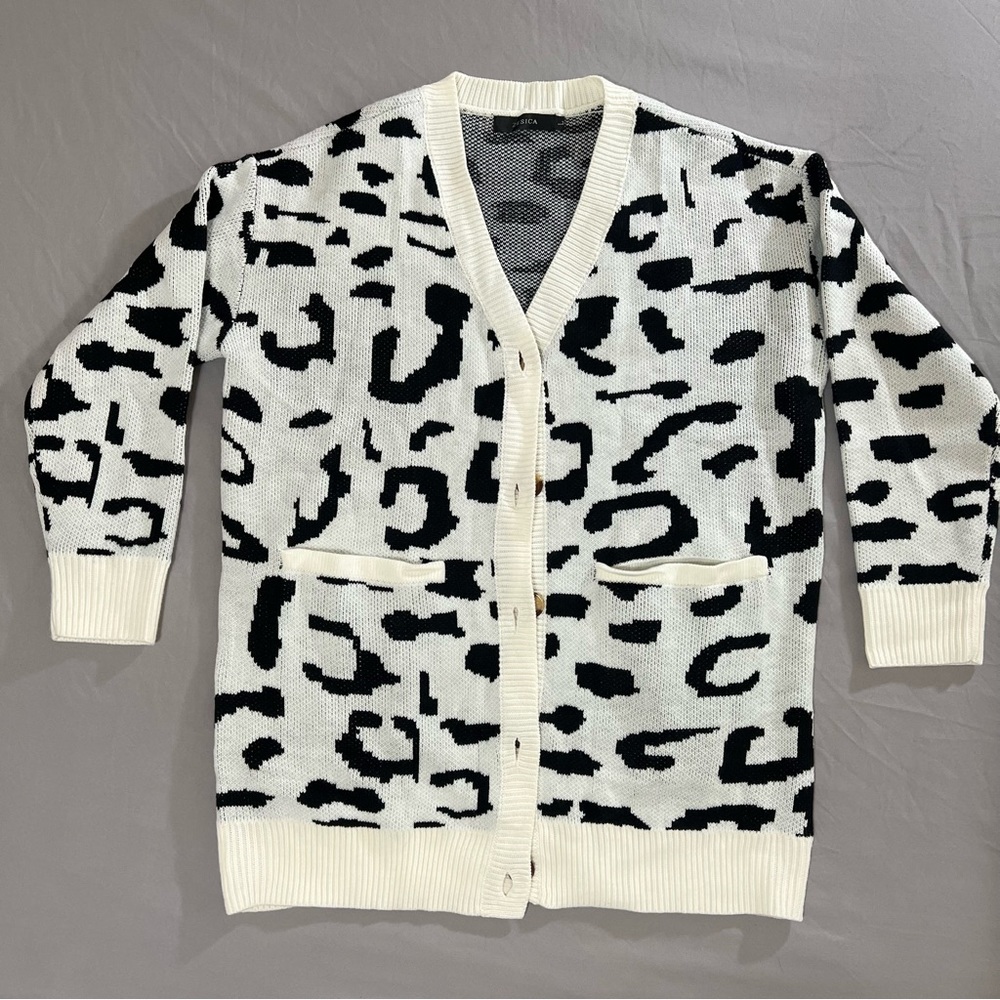 ZESICA Leopard Black N White Print Knitted Cardigan Long sleeves Size L - Picture 9 of 16